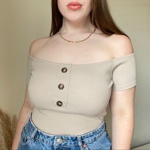 Nude off the shoulder buttoned bodysuit